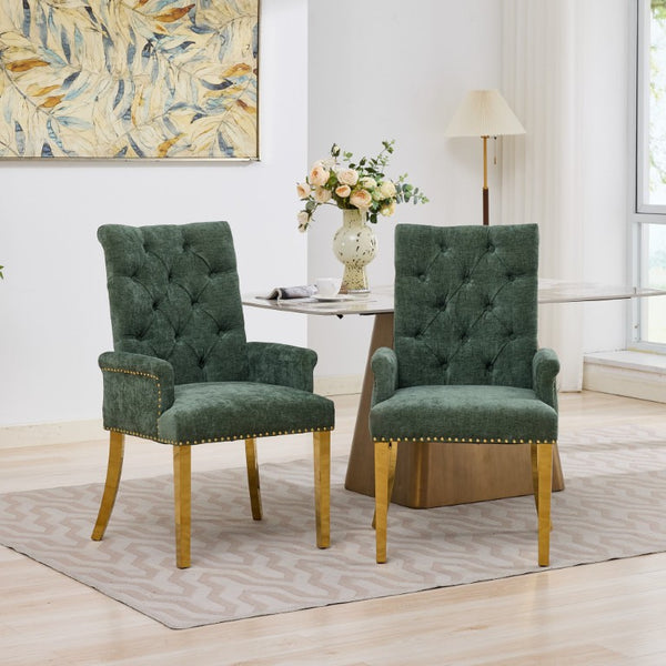 English Elm Upholstered Wingback Dining Armchair with Button Tufting Nailhead Trim Steel Legs Olive Green Chenille W1143P533625