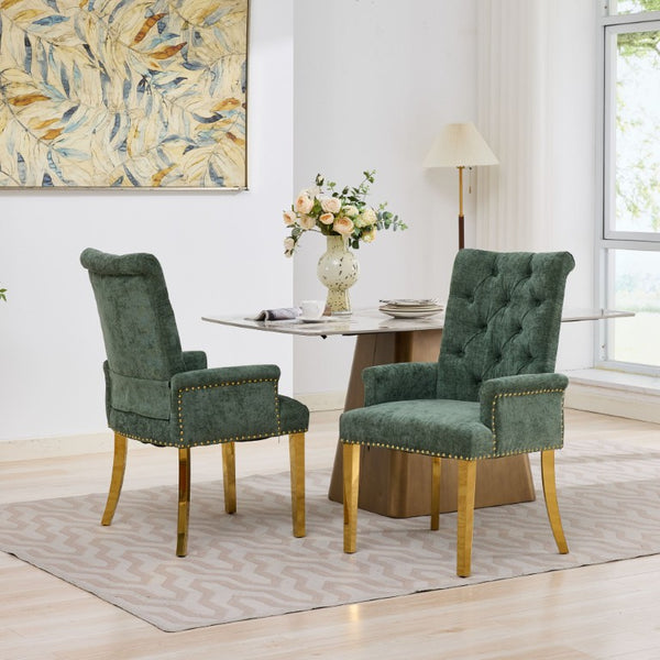 English Elm Upholstered Wingback Dining Armchair with Button Tufting Nailhead Trim Steel Legs Olive Green Chenille W1143P533625
