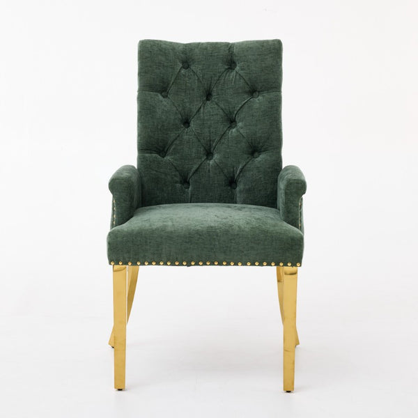 English Elm Upholstered Wingback Dining Armchair with Button Tufting Nailhead Trim Steel Legs Olive Green Chenille W1143P533625