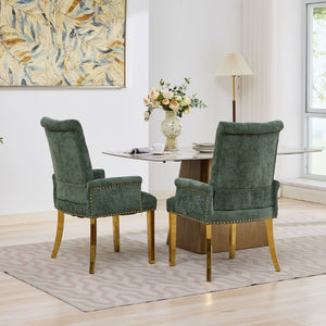 English Elm Upholstered Wingback Dining Armchair with Button Tufting Nailhead Trim Steel Legs Olive Green Chenille W1143P533625