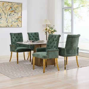 English Elm Upholstered Wingback Dining Armchair with Button Tufting Nailhead Trim Steel Legs Olive Green Chenille W1143P533625