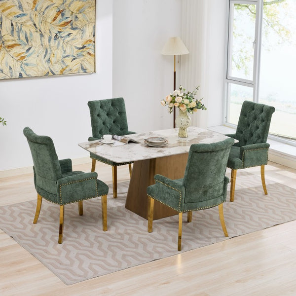 English Elm Upholstered Wingback Dining Armchair with Button Tufting Nailhead Trim Steel Legs Olive Green Chenille W1143P533625