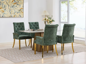 English Elm Upholstered Wingback Dining Armchair with Button Tufting Nailhead Trim Steel Legs Olive Green Chenille W1143P533625