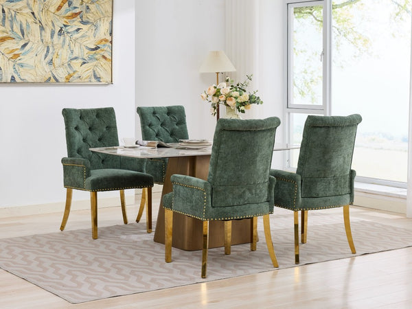 English Elm Upholstered Wingback Dining Armchair with Button Tufting Nailhead Trim Steel Legs Olive Green Chenille W1143P533625