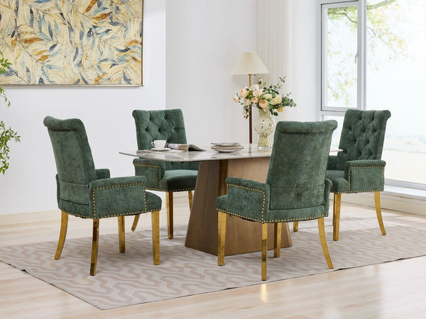 English Elm Upholstered Wingback Dining Armchair with Button Tufting Nailhead Trim Steel Legs Olive Green Chenille W1143P533625