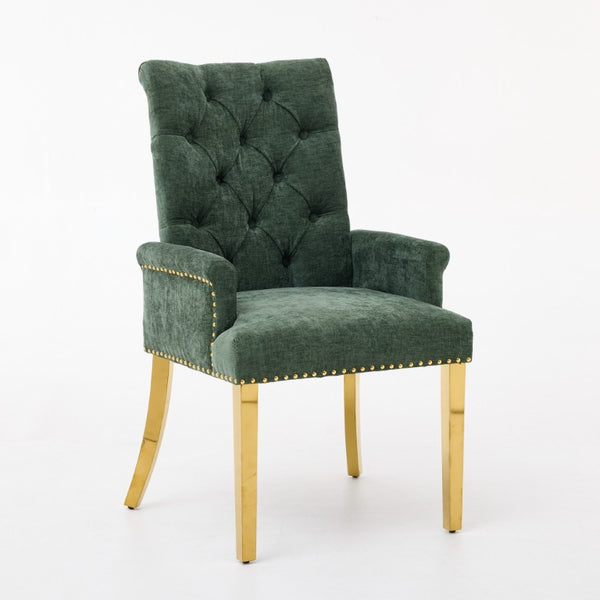 English Elm Upholstered Wingback Dining Armchair with Button Tufting Nailhead Trim Steel Legs Olive Green Chenille W1143P533625