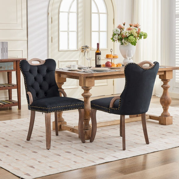 English Elm Upholstered Wingback Dining Armchair with Button Tufting Nailhead Trim Steel Legs Black Velvet W1143P536597