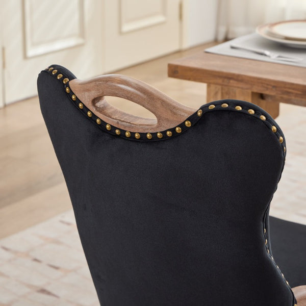 English Elm Upholstered Wingback Dining Armchair with Button Tufting Nailhead Trim Steel Legs Black Velvet W1143P536597