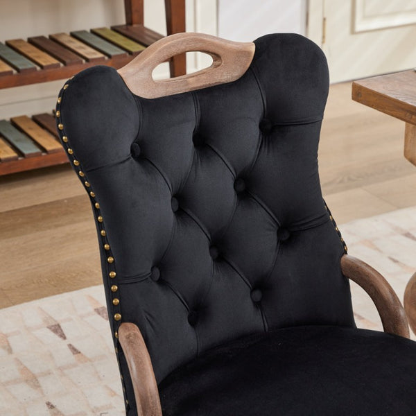 English Elm Upholstered Wingback Dining Armchair with Button Tufting Nailhead Trim Steel Legs Black Velvet W1143P536597