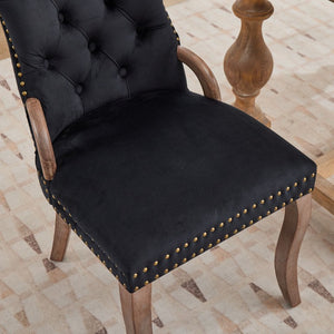 English Elm Upholstered Wingback Dining Armchair with Button Tufting Nailhead Trim Steel Legs Black Velvet W1143P536597