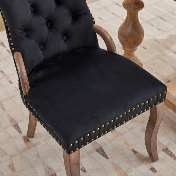 English Elm Upholstered Wingback Dining Armchair with Button Tufting Nailhead Trim Steel Legs Black Velvet W1143P536597
