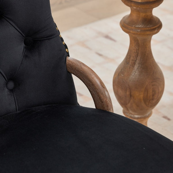 English Elm Upholstered Wingback Dining Armchair with Button Tufting Nailhead Trim Steel Legs Black Velvet W1143P536597