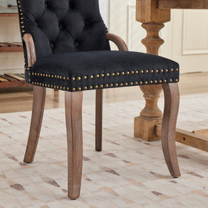 English Elm Upholstered Wingback Dining Armchair with Button Tufting Nailhead Trim Steel Legs Black Velvet W1143P536597
