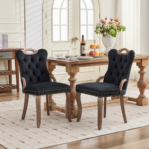 English Elm Upholstered Wingback Dining Armchair with Button Tufting Nailhead Trim Steel Legs Black Velvet W1143P536597