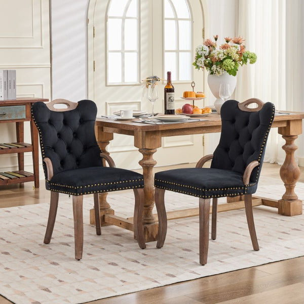 English Elm Upholstered Wingback Dining Armchair with Button Tufting Nailhead Trim Steel Legs Black Velvet W1143P536597