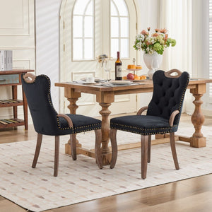 English Elm Upholstered Wingback Dining Armchair with Button Tufting Nailhead Trim Steel Legs Black Velvet W1143P536597