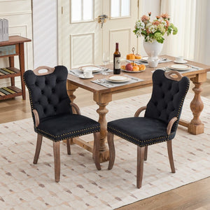 English Elm Upholstered Wingback Dining Armchair with Button Tufting Nailhead Trim Steel Legs Black Velvet W1143P536597