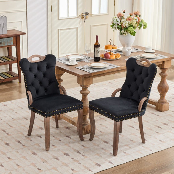 English Elm Upholstered Wingback Dining Armchair with Button Tufting Nailhead Trim Steel Legs Black Velvet W1143P536597