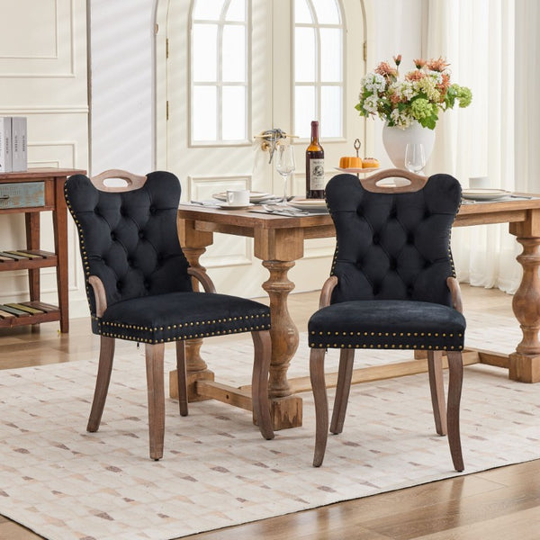English Elm Upholstered Wingback Dining Armchair with Button Tufting Nailhead Trim Steel Legs Black Velvet W1143P536597
