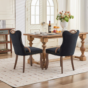 English Elm Upholstered Wingback Dining Armchair with Button Tufting Nailhead Trim Steel Legs Black Velvet W1143P536597