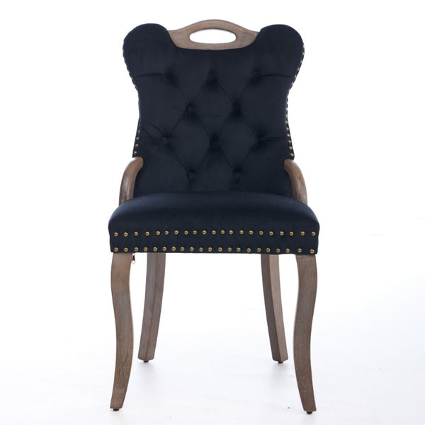 English Elm Upholstered Wingback Dining Armchair with Button Tufting Nailhead Trim Steel Legs Black Velvet W1143P536597