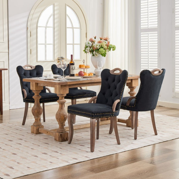 English Elm Upholstered Wingback Dining Armchair with Button Tufting Nailhead Trim Steel Legs Black Velvet W1143P536597