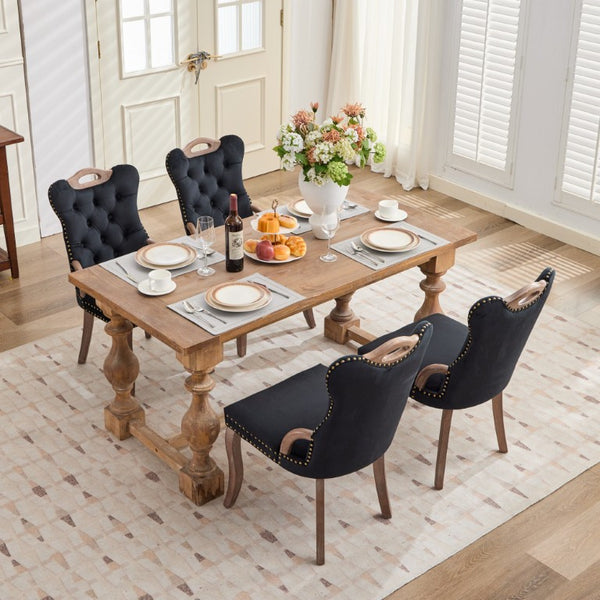 English Elm Upholstered Wingback Dining Armchair with Button Tufting Nailhead Trim Steel Legs Black Velvet W1143P536597