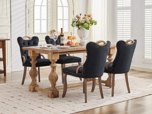 English Elm Upholstered Wingback Dining Armchair with Button Tufting Nailhead Trim Steel Legs Black Velvet W1143P536597