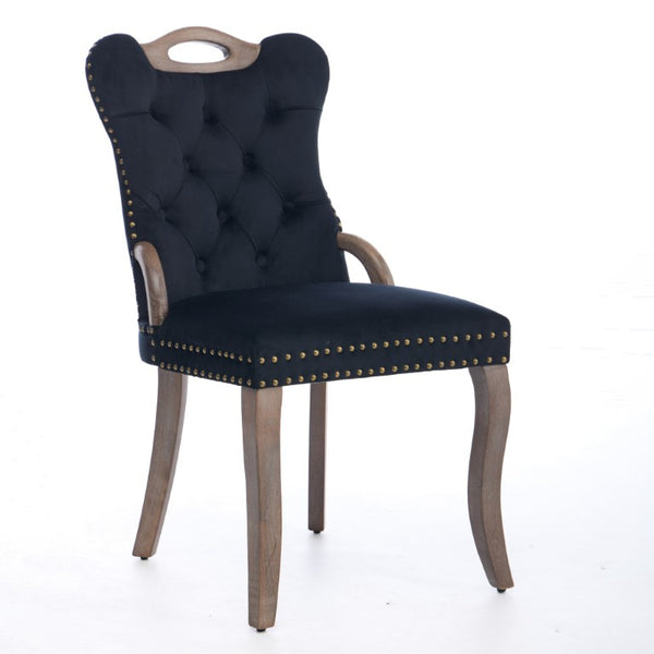 English Elm Upholstered Wingback Dining Armchair with Button Tufting Nailhead Trim Steel Legs Black Velvet W1143P536597