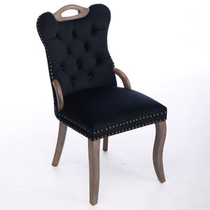 English Elm Upholstered Wingback Dining Armchair with Button Tufting Nailhead Trim Steel Legs Black Velvet W1143P536597