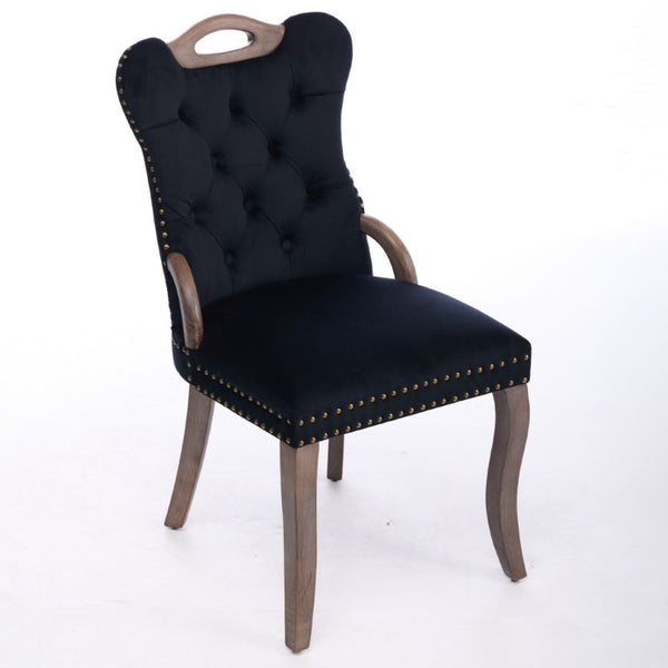 English Elm Upholstered Wingback Dining Armchair with Button Tufting Nailhead Trim Steel Legs Black Velvet W1143P536597