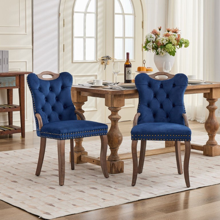 English Elm Dining Chairs Set of 2 Velvet Wingback with Cabriole Legs and Copper Nailhead Trim W1143P536598