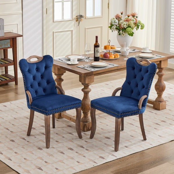 English Elm Dining Chairs Set of 2 Velvet Wingback with Cabriole Legs and Copper Nailhead Trim W1143P536598