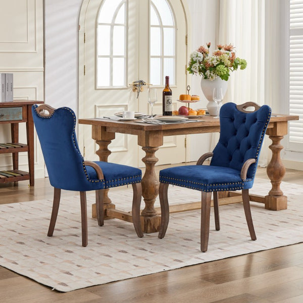 English Elm Dining Chairs Set of 2 Velvet Wingback with Cabriole Legs and Copper Nailhead Trim W1143P536598