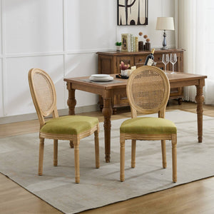 English Elm A&a Furniture French Country Rattan Back Dining Chairs Solid Wood Antique Frame Set Olive Green - A W1143P540082