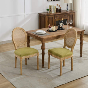 English Elm A&a Furniture French Country Rattan Back Dining Chairs Solid Wood Antique Frame Set Olive Green - A W1143P540082