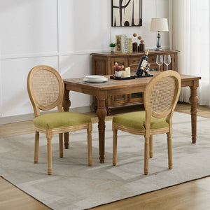 English Elm A&a Furniture French Country Rattan Back Dining Chairs Solid Wood Antique Frame Set Olive Green - A W1143P540082