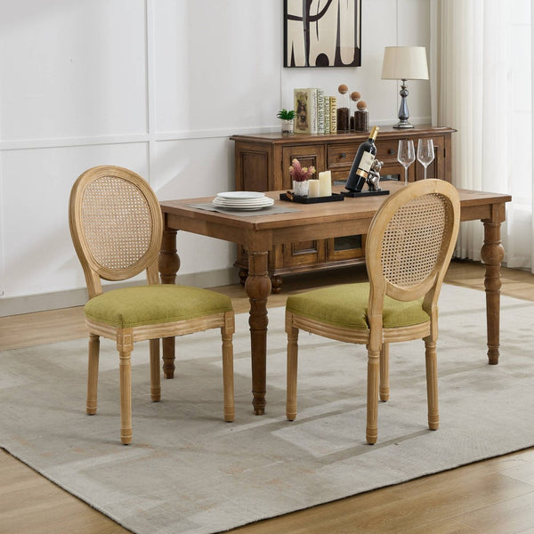 English Elm A&a Furniture French Country Rattan Back Dining Chairs Solid Wood Antique Frame Set Olive Green - A W1143P540082