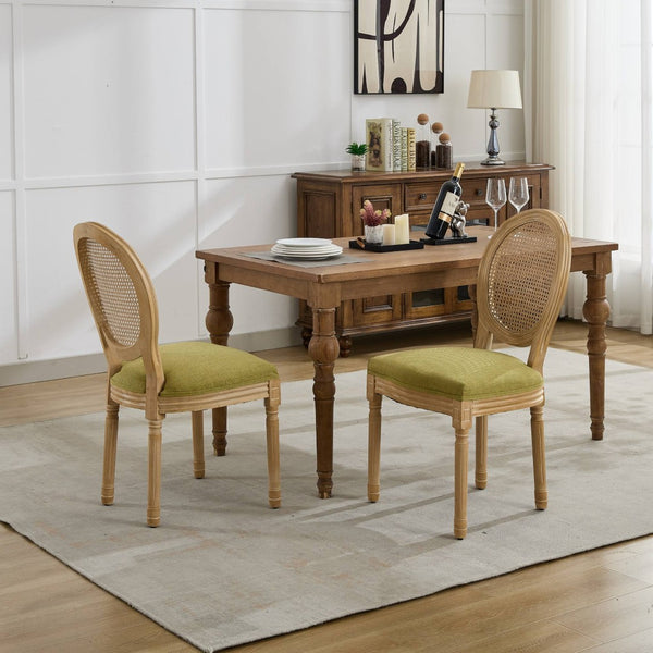 English Elm A&a Furniture French Country Rattan Back Dining Chairs Solid Wood Antique Frame Set Olive Green - A W1143P540082