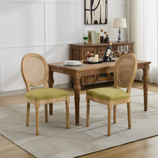 English Elm A&a Furniture French Country Rattan Back Dining Chairs Solid Wood Antique Frame Set Olive Green - A W1143P540082