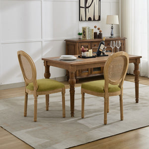 English Elm A&a Furniture French Country Rattan Back Dining Chairs Solid Wood Antique Frame Set Olive Green - A W1143P540082