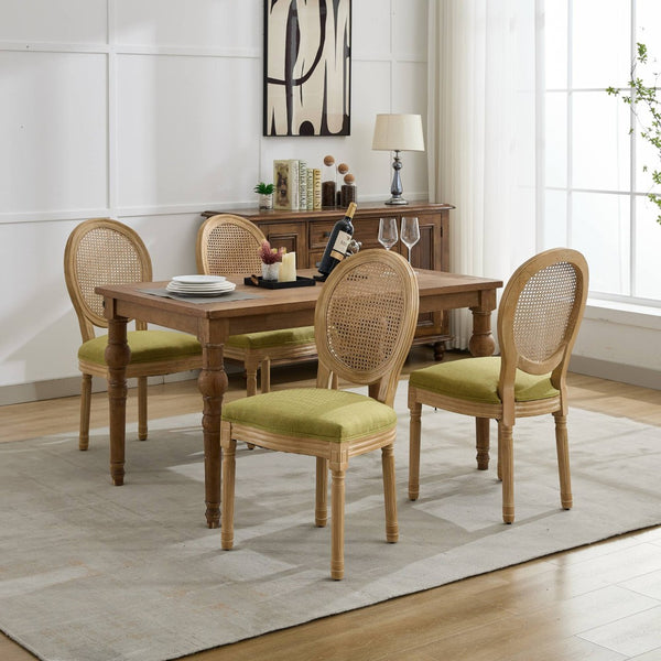 English Elm A&a Furniture French Country Rattan Back Dining Chairs Solid Wood Antique Frame Set Olive Green - A W1143P540082