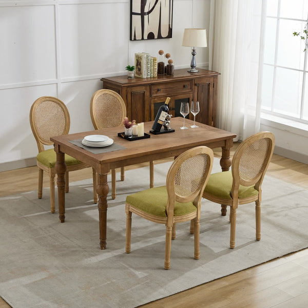 English Elm A&a Furniture French Country Rattan Back Dining Chairs Solid Wood Antique Frame Set Olive Green - A W1143P540082