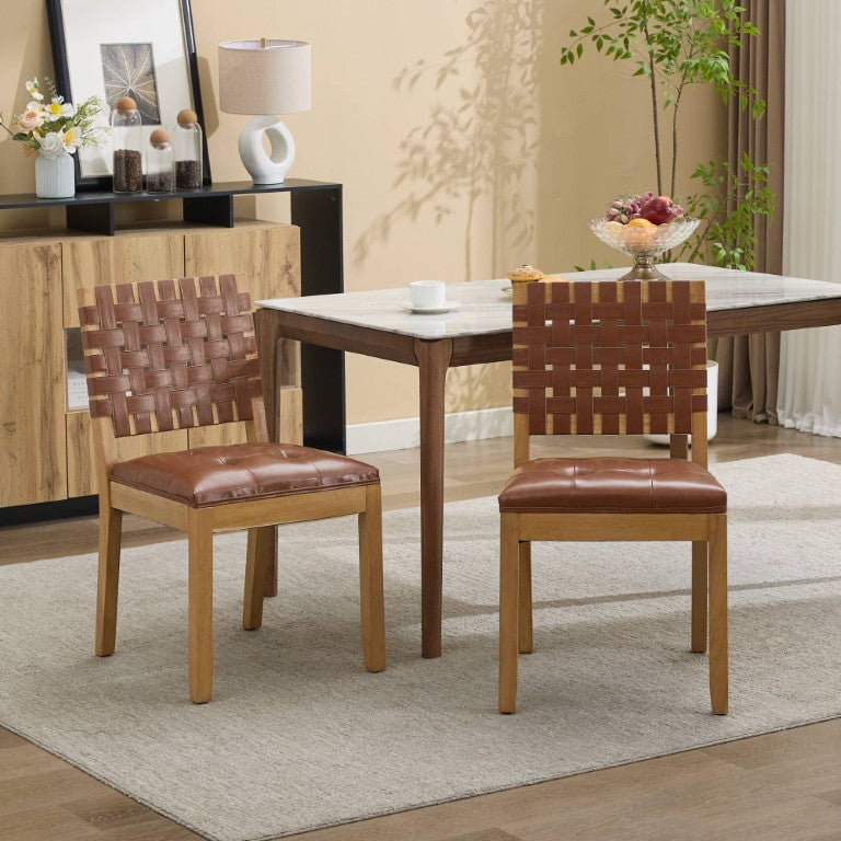 English Elm Dining Chairs Set of 2 Button Tufted High Back PU Leather Nailhead Vintage Style Brown 22 L x 18.9 W x 34 H W1143P544311