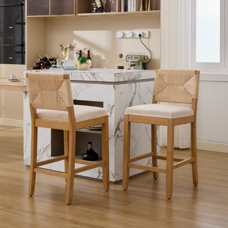 English Elm Hand‑woven Rattan Linen Cushion Counter Barstools Solid Wood Boho Kitchen Set of 2 W1143P610903