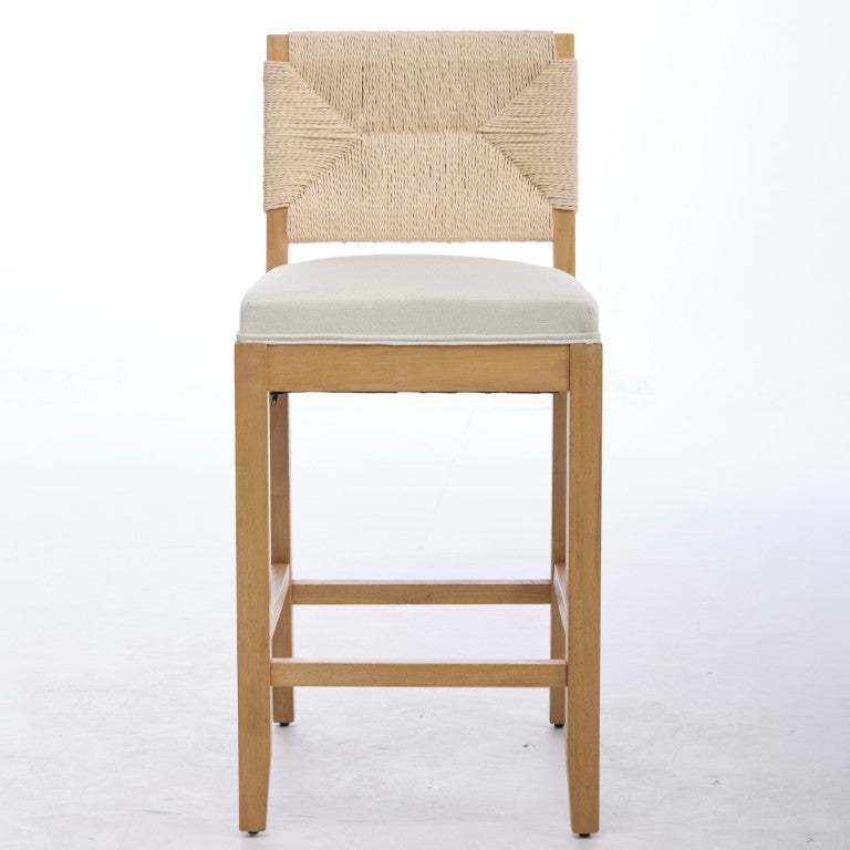 English Elm Hand‑woven Rattan Linen Seat Counter Barstools Solid Wood Frame Boho Kitchen Set of 2 W1143P610905