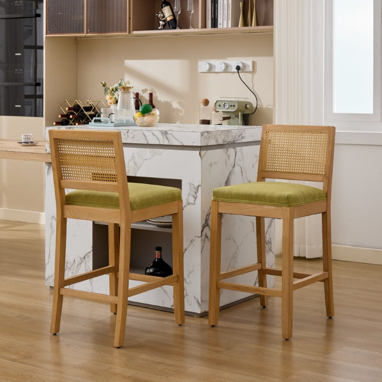 English Elm Full Solid Wood Bar Stools Set of 2 with Rattan Back and Linen Cushion for Kitchen Island W1143P610924