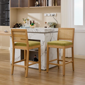 English Elm Full Solid Wood Bar Stools Set of 2 with Rattan Back and Linen Cushion for Kitchen Island W1143P610924