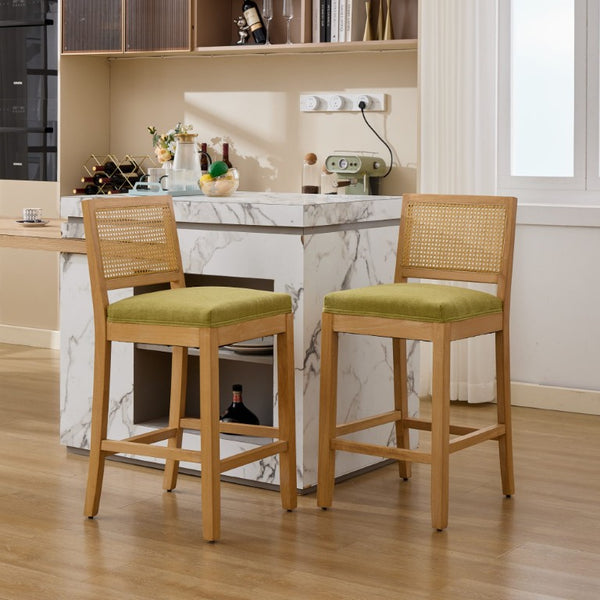 English Elm Full Solid Wood Bar Stools Set of 2 with Rattan Back and Linen Cushion for Kitchen Island W1143P610924