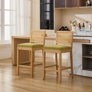 English Elm Full Solid Wood Bar Stools Set of 2 with Rattan Back and Linen Cushion for Kitchen Island W1143P610924